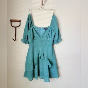 Trixxi Blue Green Asymmetrical Puff Sleeve Sundress